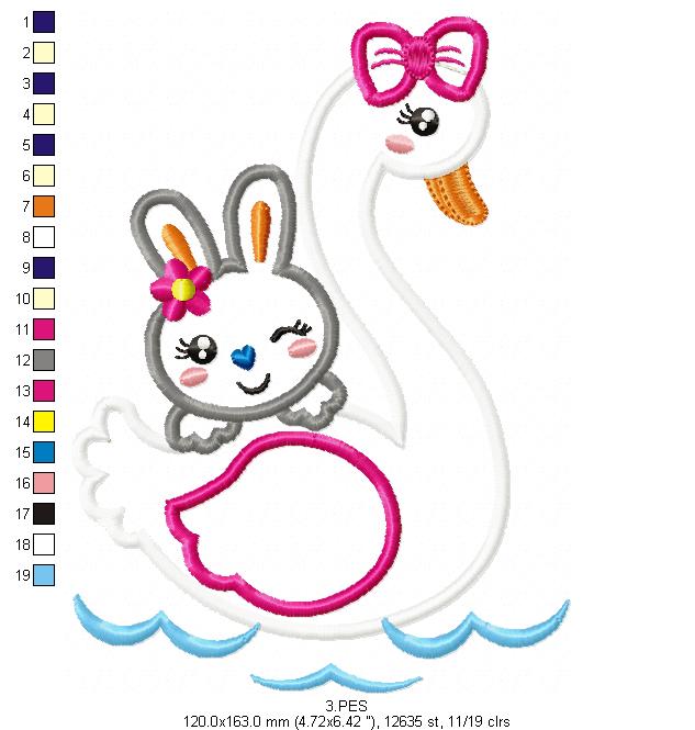 Swan with cute bunny - Applique