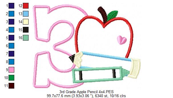 3rd Grade Apple, Pencil and Crayon - Applique