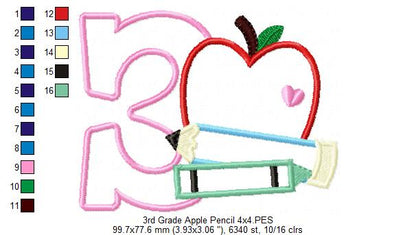 3rd Grade Apple, Pencil and Crayon - Applique