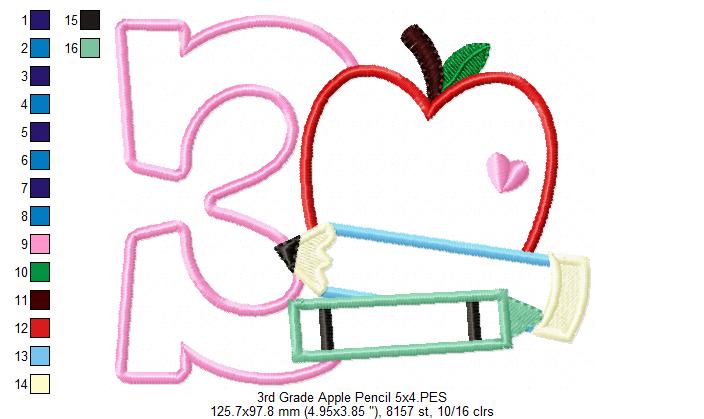 3rd Grade Apple, Pencil and Crayon - Applique