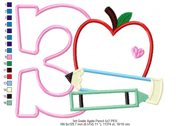 3rd Grade Apple, Pencil and Crayon - Applique