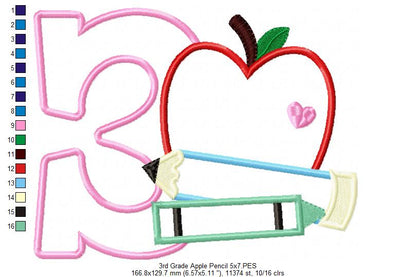 3rd Grade Apple, Pencil and Crayon - Applique