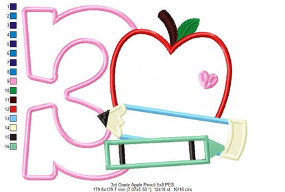 3rd Grade Apple, Pencil and Crayon - Applique
