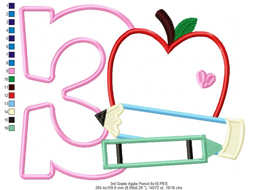 3rd Grade Apple, Pencil and Crayon - Applique