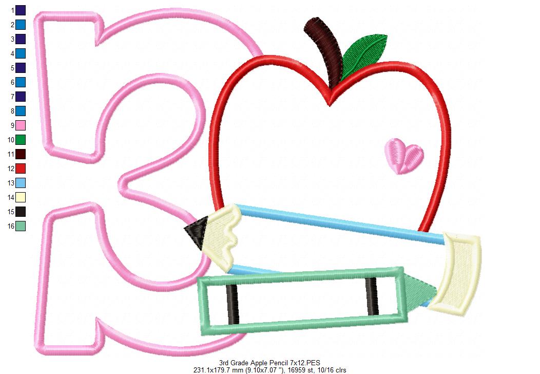 3rd Grade Apple, Pencil and Crayon - Applique