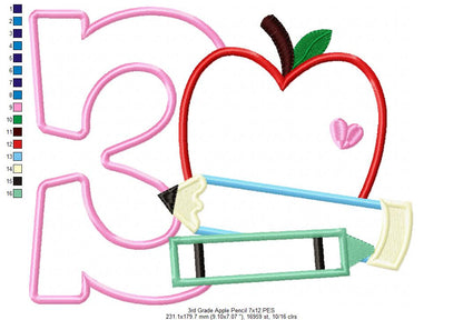 3rd Grade Apple, Pencil and Crayon - Applique