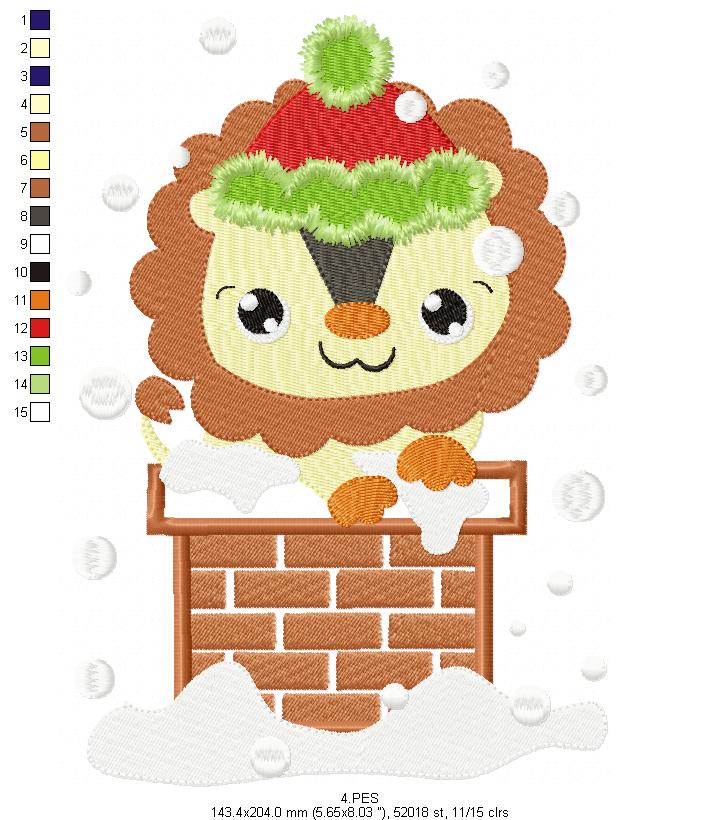 Christmas Lion in the chimney - Applique / Fill Stitch - 6 Sizes - Machine Embroidery Designs