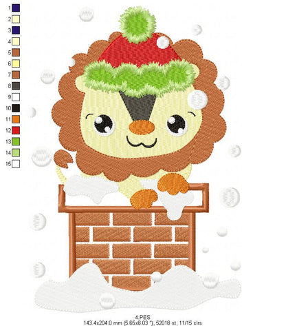 Christmas Lion in the chimney - Applique / Fill Stitch - 6 Sizes - Machine Embroidery Designs
