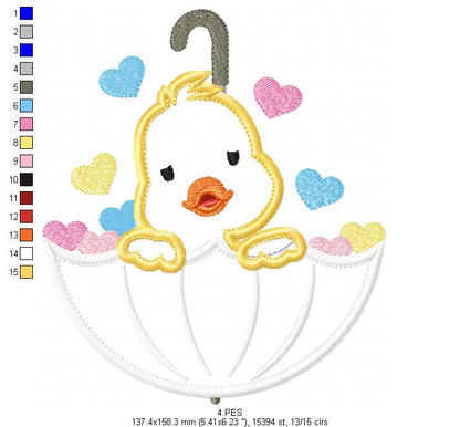 Duckling in Umbrella  - Applique -  6 Sizes  - Machine Embroidery Design