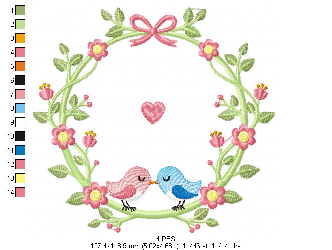 Couple of birds in the frame - Fill Stitch - 5 Sizes - Machine Embroidery