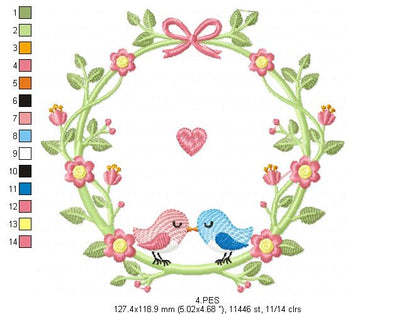 Couple of birds in the frame - Fill Stitch - 5 Sizes - Machine Embroidery