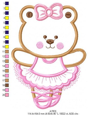 Teddy Bear Girl Ballerina -Applique - 6 Sizes - Machine Embroidery Design