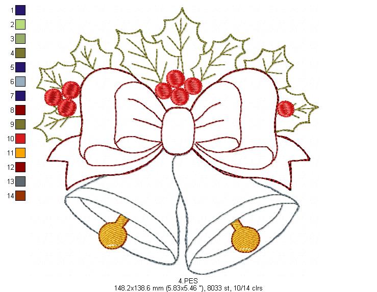 Christmas Bells - Applique - 5 Sizes - Machine Embroidery Designs