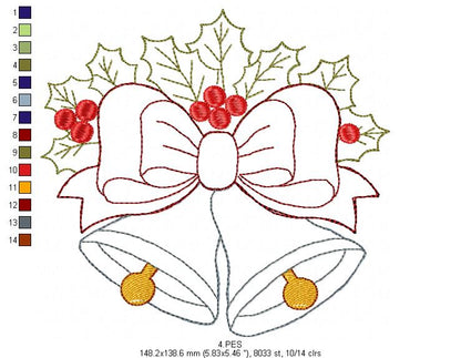 Christmas Bells - Applique - 5 Sizes - Machine Embroidery Designs
