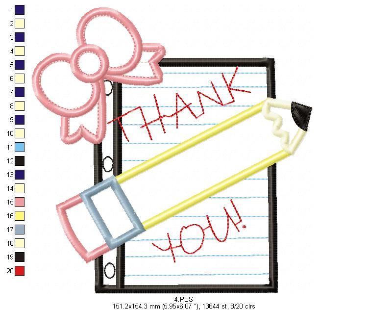 Pencil with Bow - Back to School - Applique - Machine Embroidery Design