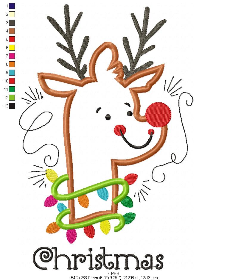 Christmas Rudolf Reindeer  - Applique - 6 Sizes - Machine Embroidery Designs