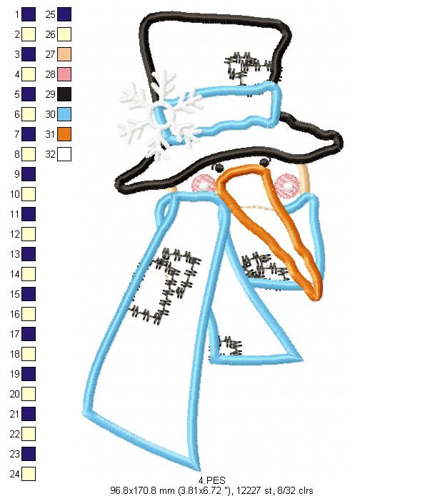 Snowman - 6 Sizes - Applique - Machine Embroidery Design