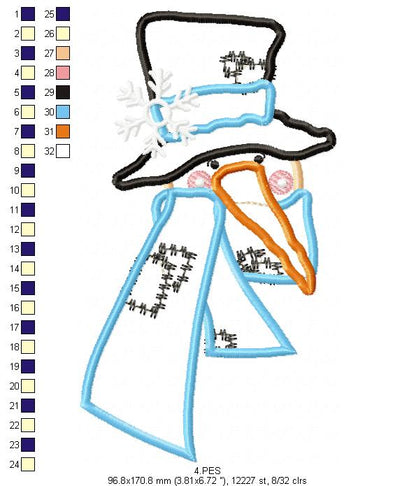 Snowman - 6 Sizes - Applique - Machine Embroidery Design