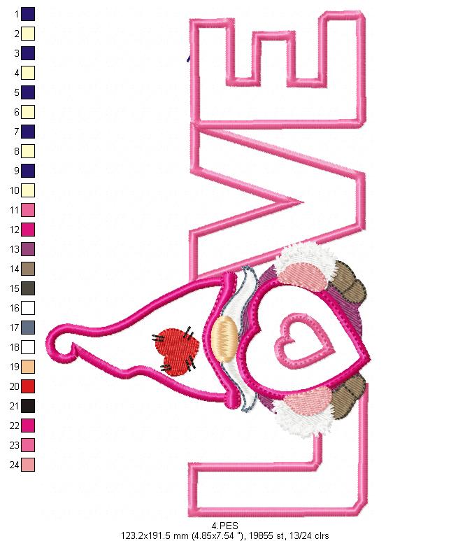 Valentines Love Gnome 2 - Applique - Machine Embroidery Designs
