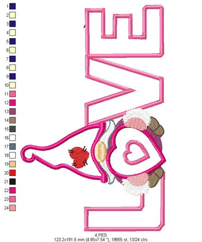 Valentines Love Gnome 2 - Applique - Machine Embroidery Designs