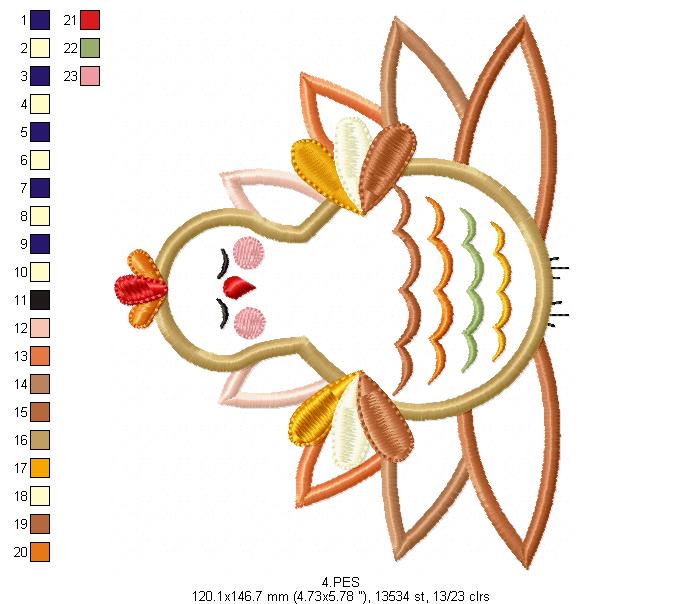 Thanksgiving Turkey - Applique  - 6 sizes - Machine Embroidery Design