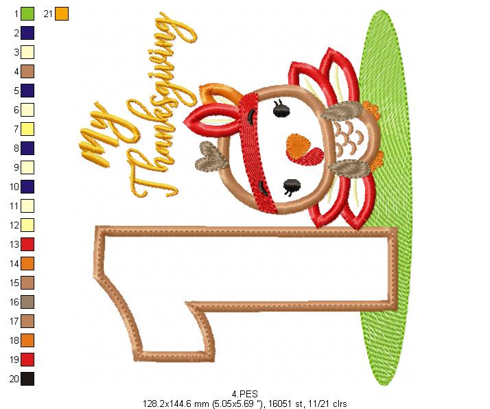 My First  Thanksgiving  Boy - Turkey with Bow - Machine Embroidery Design