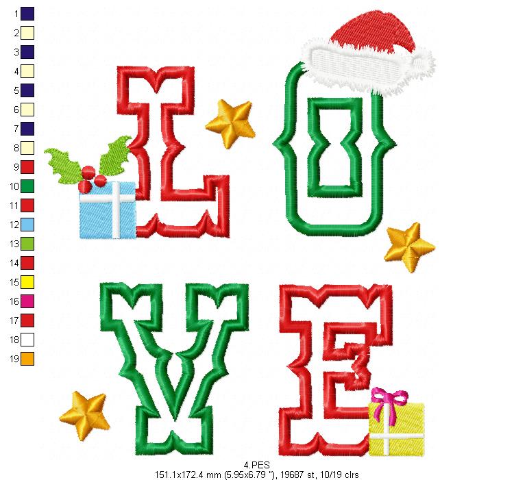 Christmas  Love - Applique - 6 Sizes - Machine Embroidery Designs
