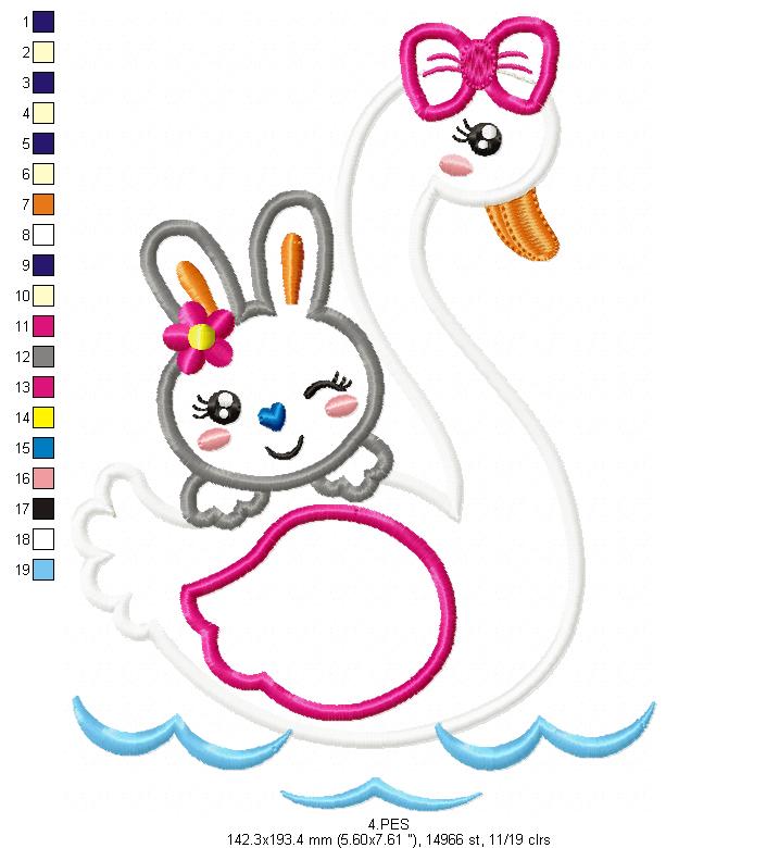 Swan with cute bunny - Applique