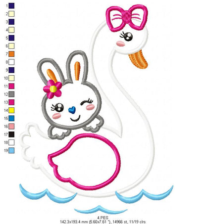 Swan with cute bunny - Applique
