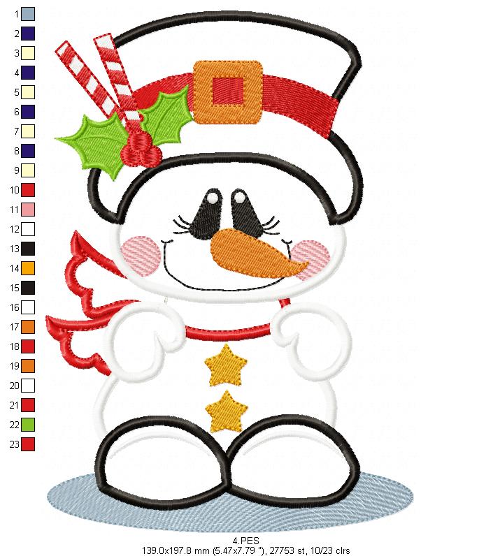 Christmas Snowman  - Applique - Machine Embroidery Design
