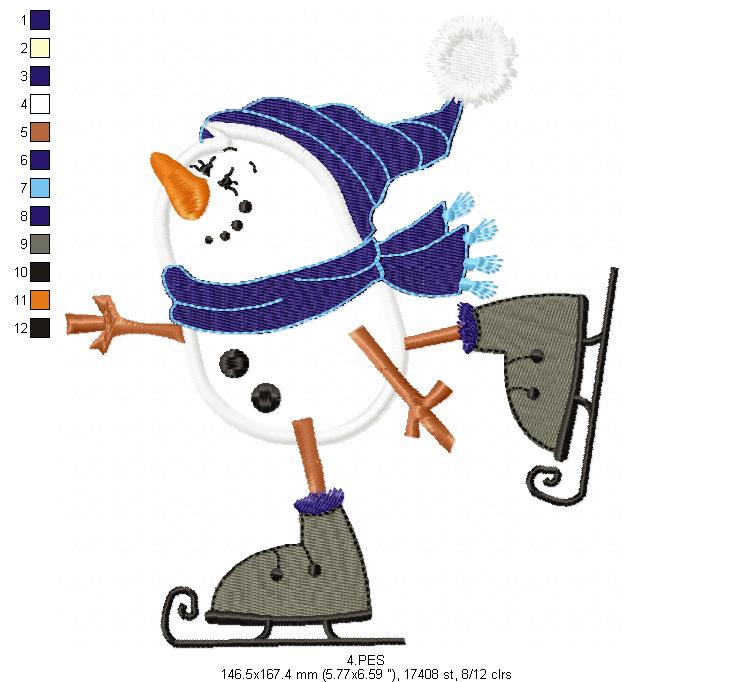 Snowman skiing in the snow - Applique -6 Sizes - Machine Embroidery Designs