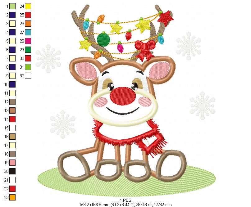 Christmas Rudolf Reindeer - Applique - 6 Sizes - Machine Embroidery Designs