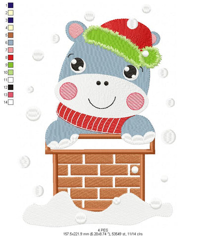 Christmas Hippo in the chimney - Applique / Fill Stitch - 6 Sizes - Machine Embroidery Designs