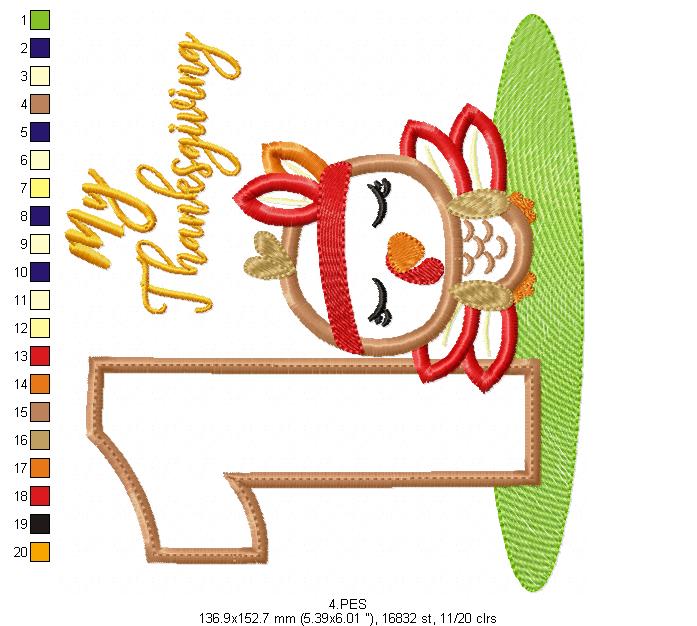 My First  Thanksgiving  Girl - Turkey with Bow - Machine Embroidery Design