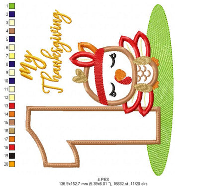 My First  Thanksgiving  Girl - Turkey with Bow - Machine Embroidery Design