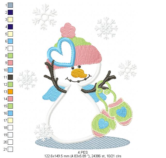 Christmas Snowman  - Applique - Machine Embroidery Design