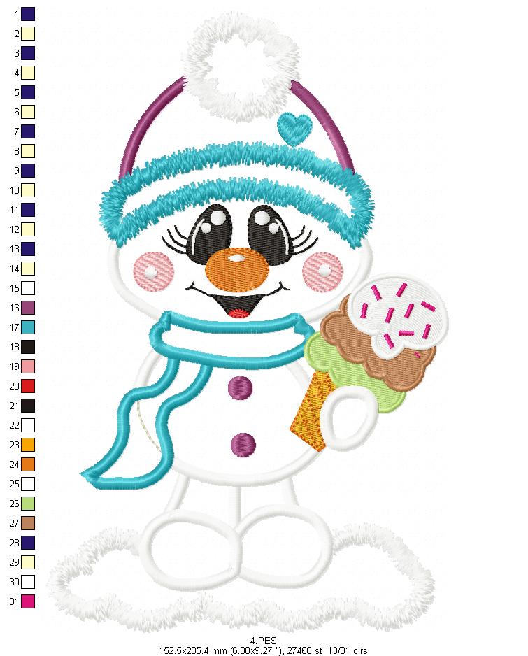 Cute Snowman  - Applique - 6 Sizes - Machine Embroidery Designs