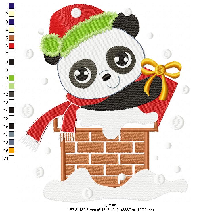 Christmas Panda in the chimney  - Applique / Fill Stitch - 6 Sizes - Machine Embroidery Designs