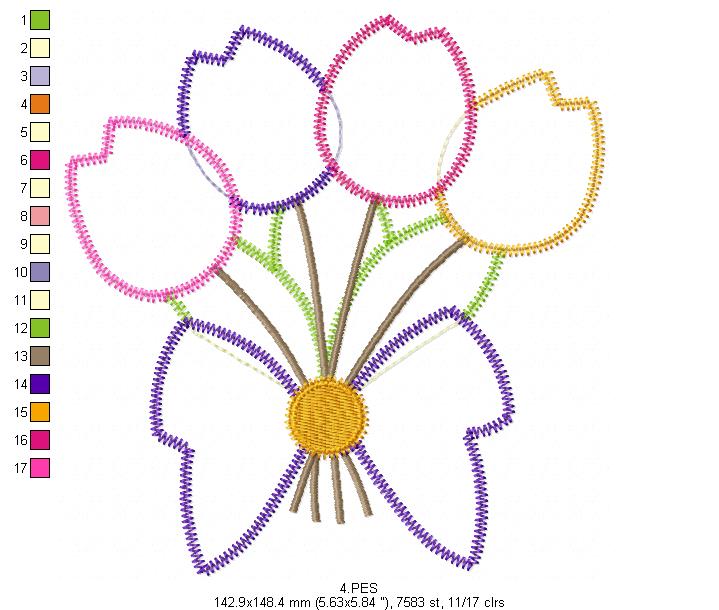 Four Tulips Bouquet - Applique Zig Zag - 6 Sizes - Machine Embroidery Designs