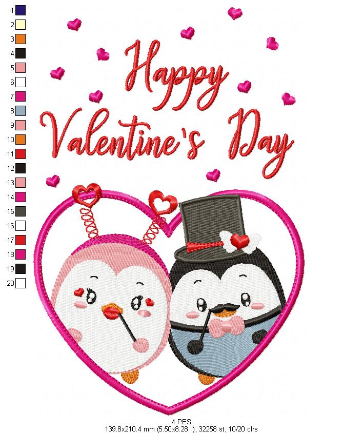 Couple of love penguins - Valentine's Days - 6 Sizes  - Machine Embroidery Design