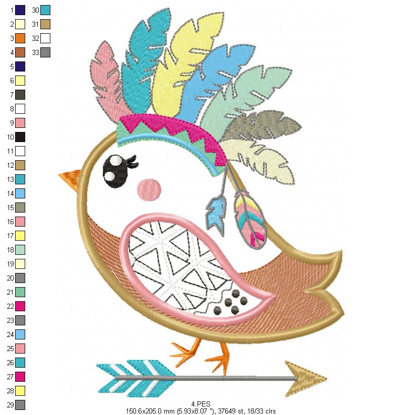 Bird Boho embroidery - Applique - 6 Sizes  - Machine Embroidery Design