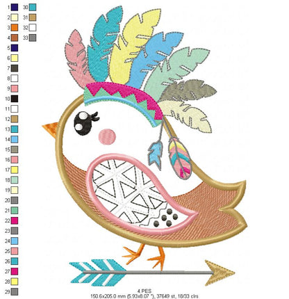 Bird Boho embroidery - Applique - 6 Sizes  - Machine Embroidery Design