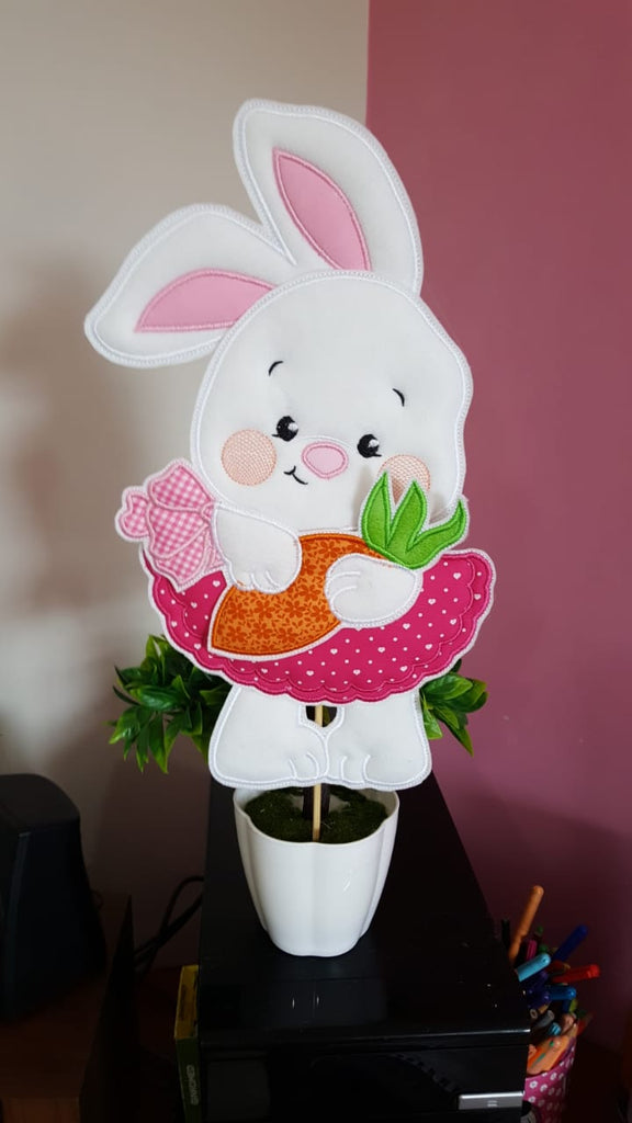 Easter Bunny Girl with Carrot Vase Ornament - ITH Project - Machine Embroidery Design
