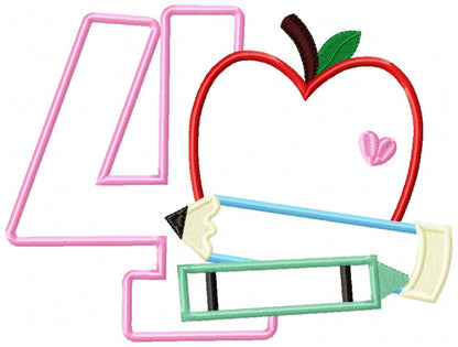 4th Grade Apple, Pencil and Crayon - Applique