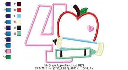4th Grade Apple, Pencil and Crayon - Applique