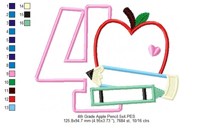 4th Grade Apple, Pencil and Crayon - Applique