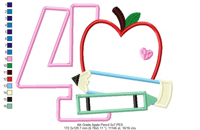 4th Grade Apple, Pencil and Crayon - Applique