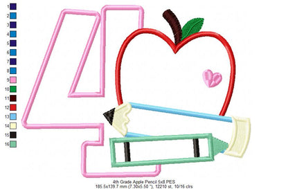 4th Grade Apple, Pencil and Crayon - Applique