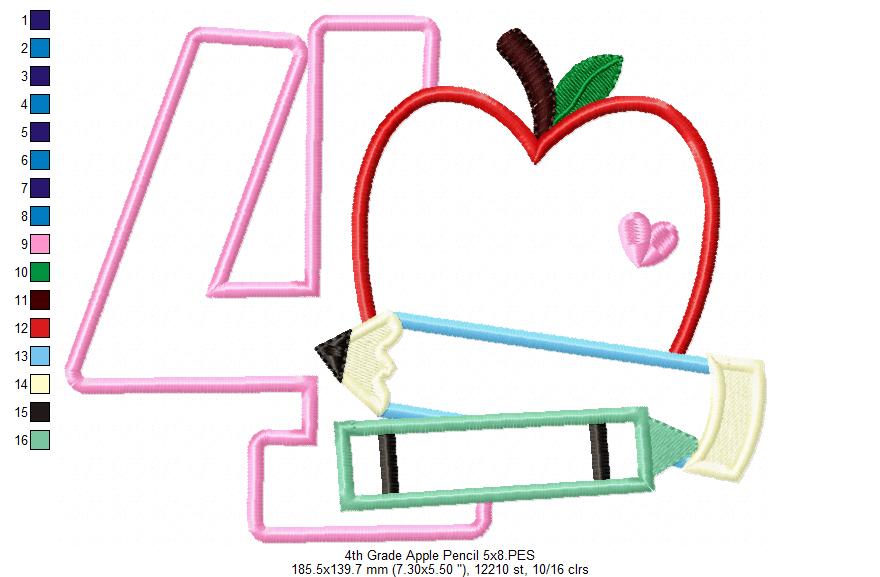 4th Grade Apple, Pencil and Crayon - Applique