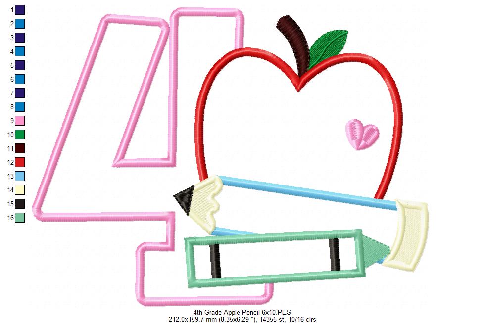 4th Grade Apple, Pencil and Crayon - Applique